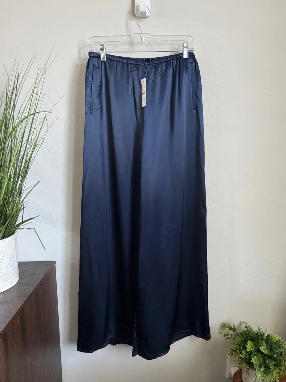 J.Crew NWT Cosmo Satin Wide Leg Pants Navy Pull On Elastic Waist